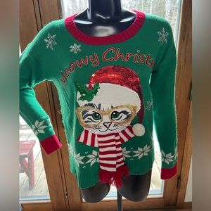Love Always Cat “Meowy Christmas” Sequin Green Sweater Size Medium‎ Crew Neck